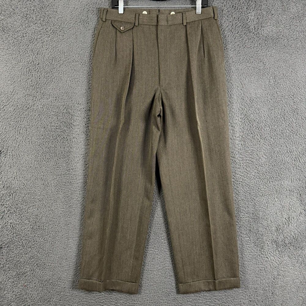 Vtg Polo Ralph Lauren Dress Pants Mens 32x29 Brown Wool Pleated Cuffed Wide Leg